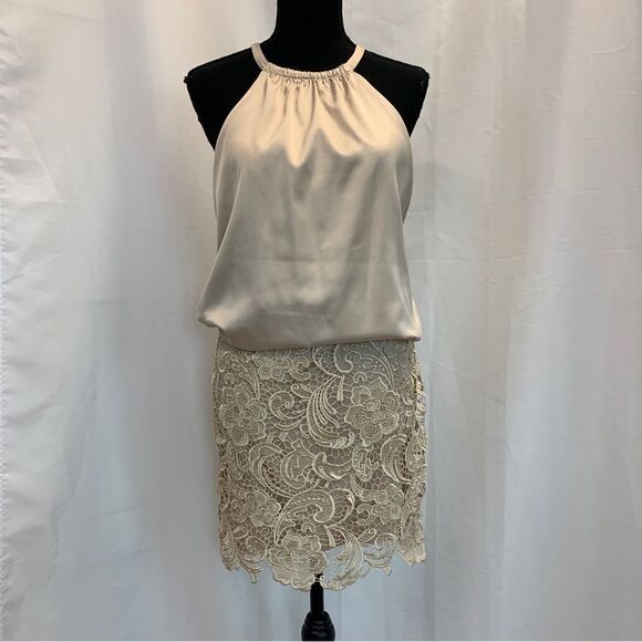 Adrianna Papell Dresses & Skirts - Adrianna Papell evening cream satin crochet lace halter dress Sz 6
